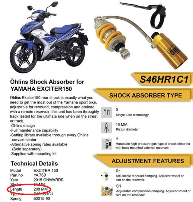 Phuộc Ohlins YA 769 cho Exciter 150/155 chính hãng